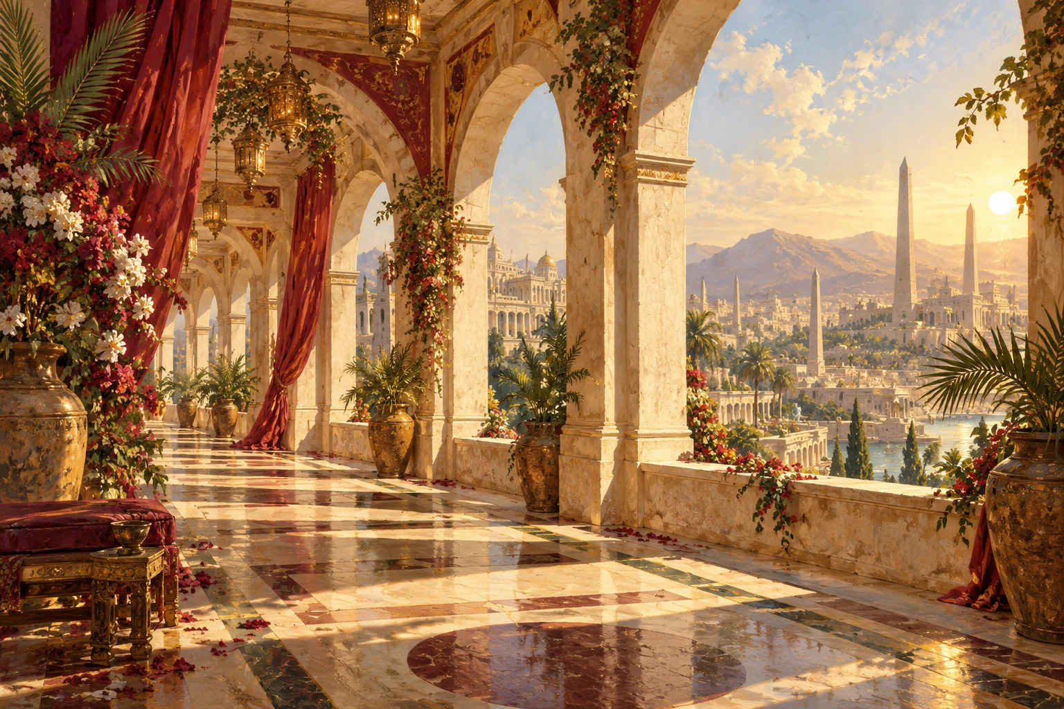 An imaginative composition of sunlit Egyptian arcades and architectural shadows