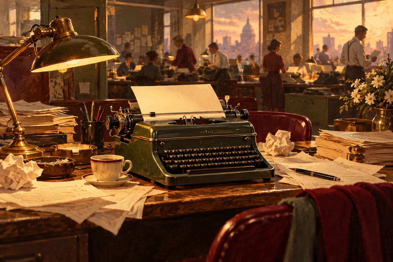 An illustrated vintage typewriter and papers on a newsroom desk