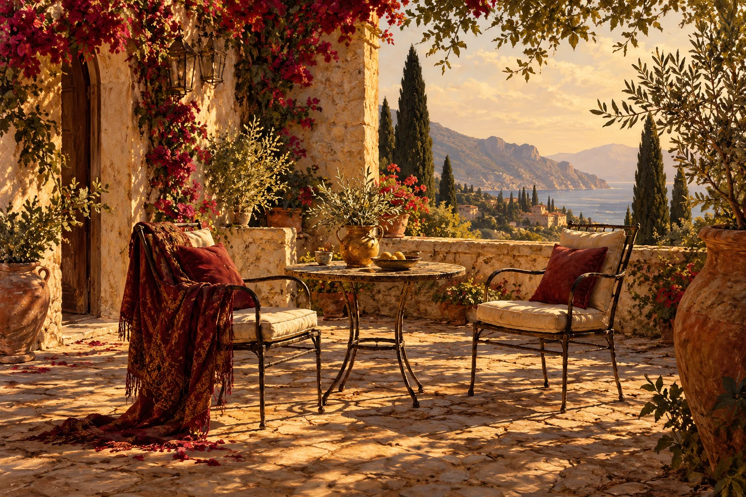 Two empty chairs facing each other in a leafy imagined courtyard